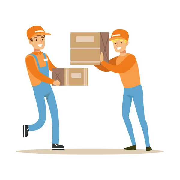 Delivery Service Workers Helping Each Other With Boxes, Smiling Courier Delivering Packages Illustration Stock Vector