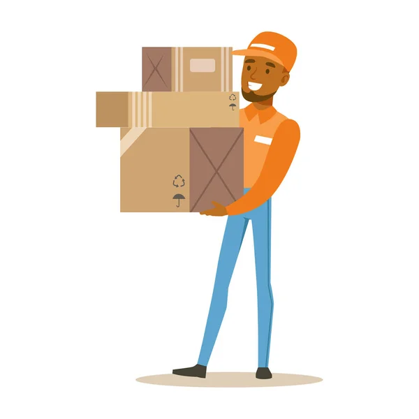 Працівник служби доставки в помаранчевій шапці тримає купу коробки, посміхаючись Кур'єрські пакети Ілюстрація — стоковий вектор