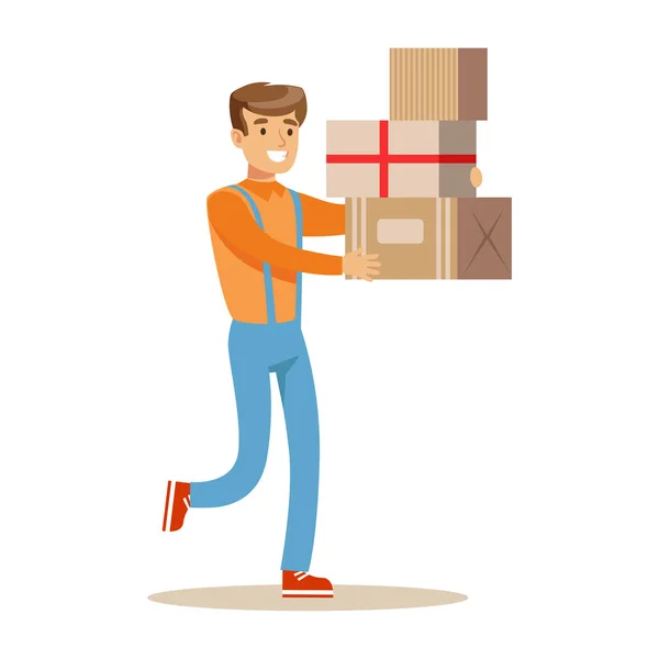 Εργαζόμενος υπηρεσία παράδοσης σπεύσει με σωρό κουτιά, χαμογελώντας Courier παράδοση πακέτων εικονογράφηση — Διανυσματικό Αρχείο