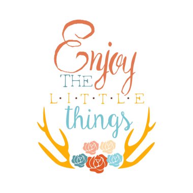 Etnik Boho stil sloganı öğesi, mavi, sarı ve kırmızı renkli gül ve boynuzları Hipster moda tasarım şablonu