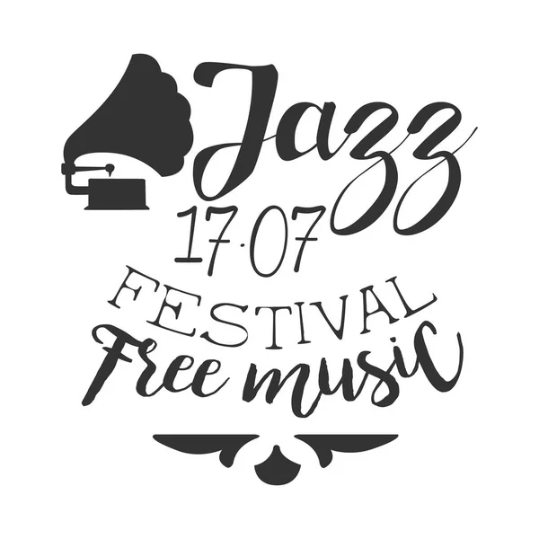 Jazz Free Live Music Festival Concert Black And White Poster With Calligraphic Text And Gramophone — Stock Vector