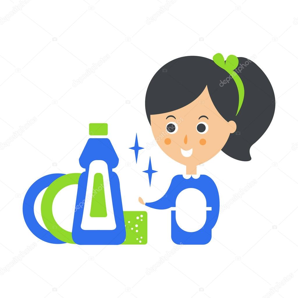Cleanup Service Maid And Clean Dishes, Cleaning Company Infographic Illustration