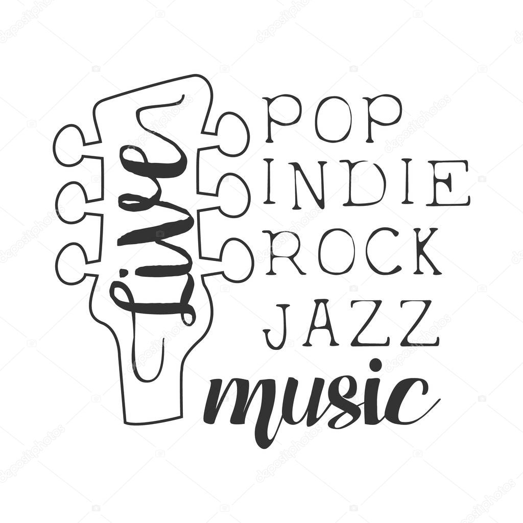 Pop, Rock, Indie, Jazz Live Music Concert Black And White Poster With Calligraphic Text And Guitar Headstock