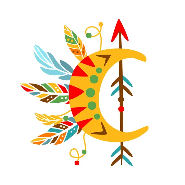 装饰物与箭头，羽毛和月牙形状，原产印度文化启发波西米亚民族风格打印 — 图库矢量图片