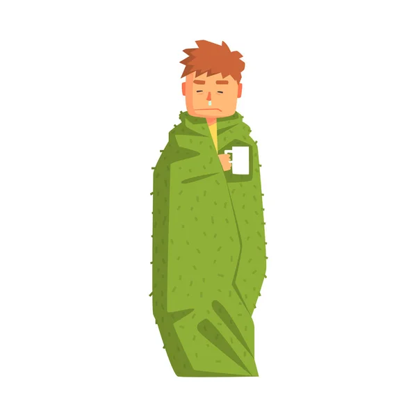 Adam sıcak içecek hastalığınız duygu hasta, hasta, soğuk, Yetişkin kişi sahip battaniyeyle sarılmış — Stok Vektör