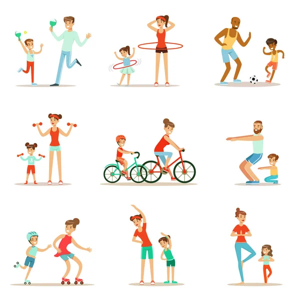 Parent And Child Doing Sportive Exercises And Sport Training Together Having Fun Set Of Scenes — Stock Illustration Parent And Child Doing Sportive Exercises And Sport Training Together Having Fun Set Of Scenes Stock Vector