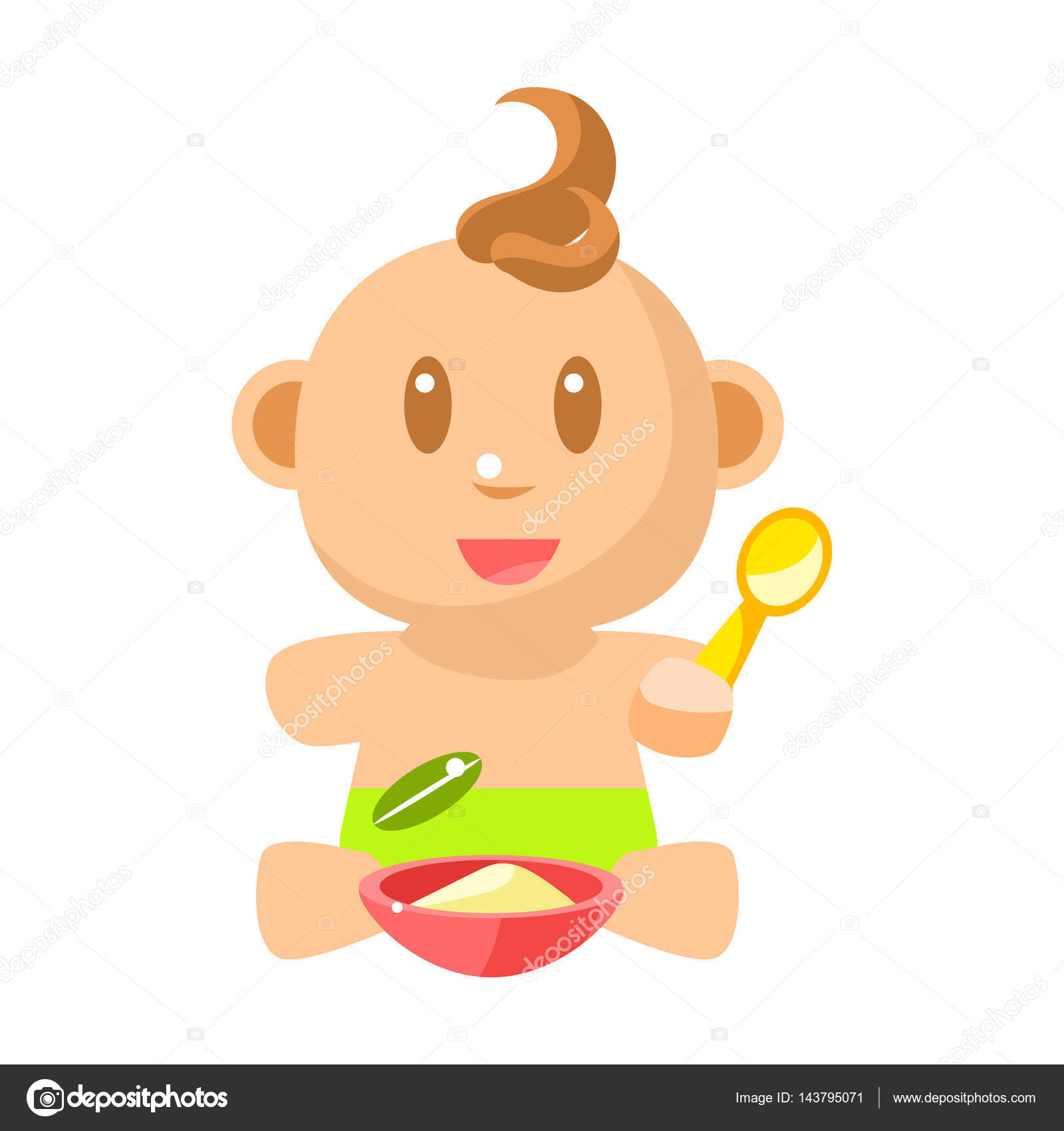 かわいい幼児スプーン ベクトル簡単なイラストの緑おむつ食べるお粥で小さな幸せな男の子 ストックベクター C Topvectors