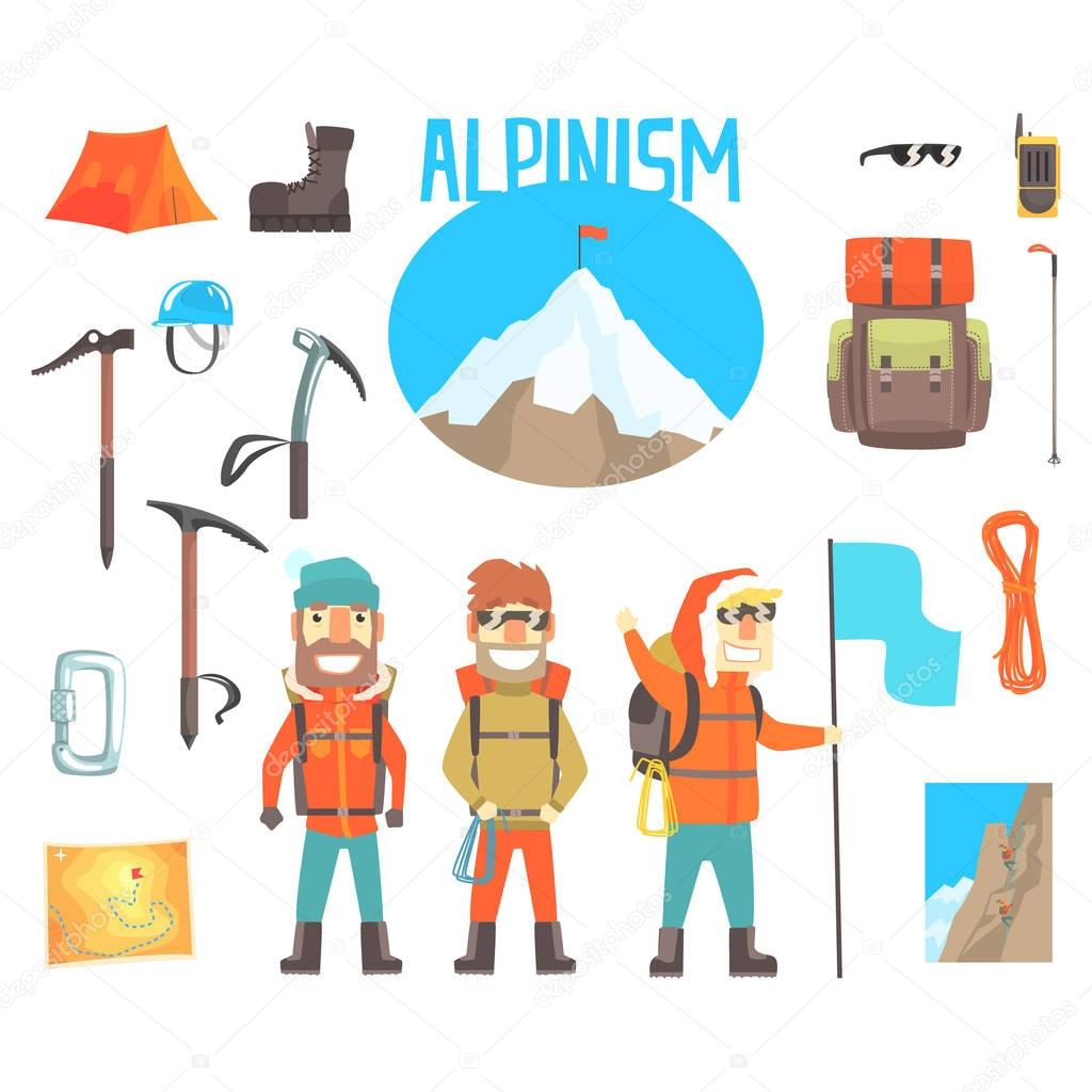Three Mountaineers And Mountaineering Equipment Set Of Alpinism And