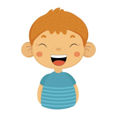 Mavi T-shirt, duygusal yüz ifadesi ile bir erkek çocuk portresi Emoji büyük kulakları ile yüksek sesle sevimli küçük çocuk gülüyor