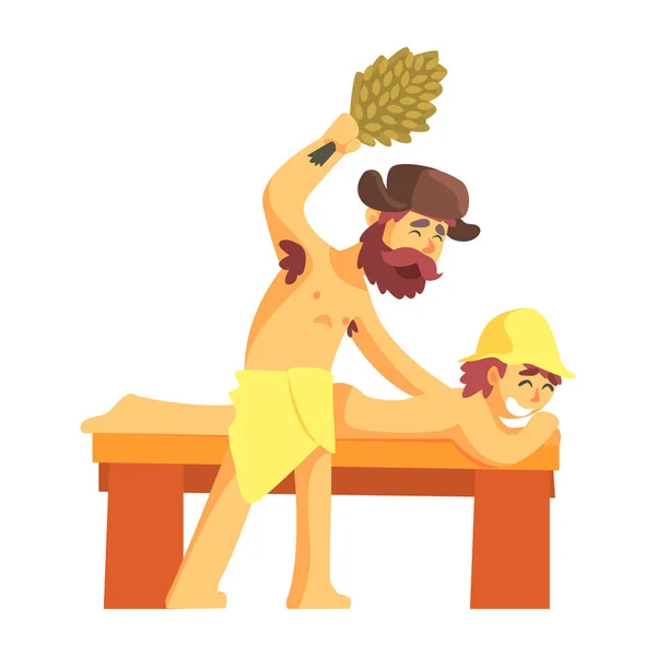 Asistente golpeando a un chico acostado en el banco con un montón de ramas de abedul verde, parte de la serie rusa Steam House de ilustraciones de dibujos animados divertidos planos — Vector de stock