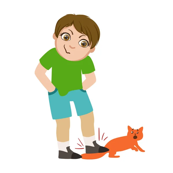Boy Stepping On Cats Tail, Parte de los malos comportamientos de los niños y acosadores Serie de ilustraciones vectoriales con personajes siendo grosero y ofensivo — Archivo Imágenes Vectoriales