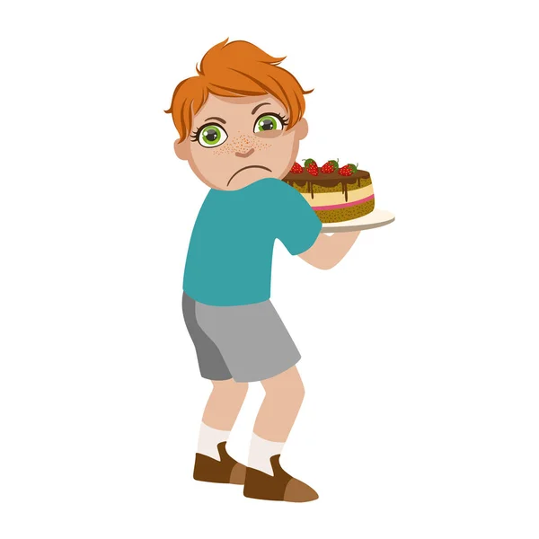 Greedy Boy Not Sharing Cake, Part Of Bad Kids Behavior And Bullies Series Of Vector Illustrations With Characters Being Rude And Offensive — Stock Vector