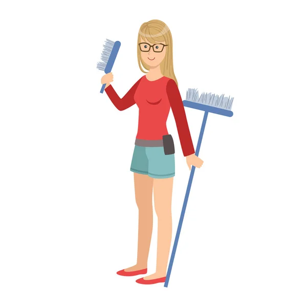 Girl With Brush And Broom, Cartoon Adult Characters Cleaning And Tiding Up - Stok Vektor