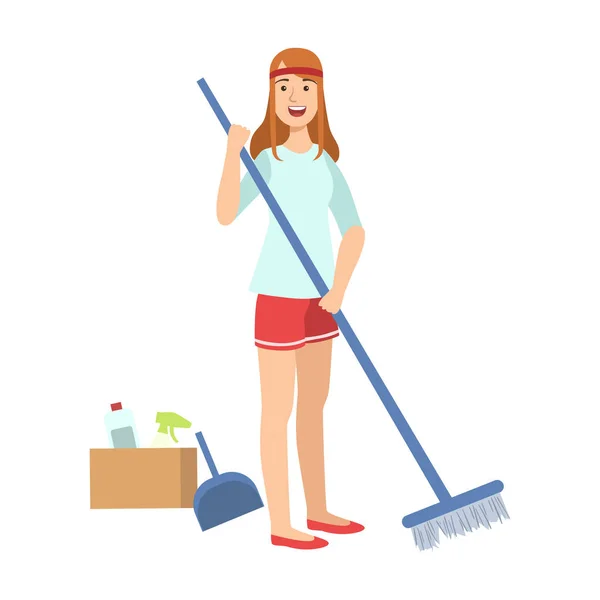 Süpürge, bir zemin temizlik ve yukarı müjde çizgi film yetişkin karakterleri süpürme kadın — Stok Vektör