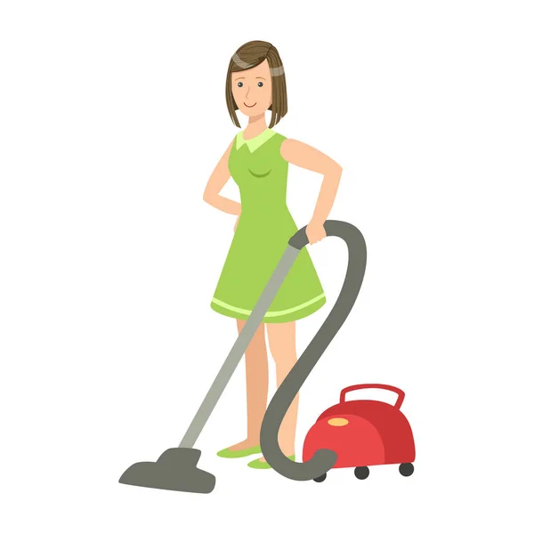 Kobieta, Czyszczenie podłogi za pomocą odkurzacza, kreskówek dla dorosłych czyszczenia i zamków — Wektor stockowy