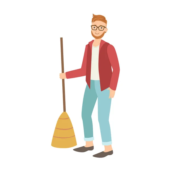 Man With Broom Sweeping The Floor, Cartoon Adult Characters Cleaning And Tiding Up — Stock Vector
