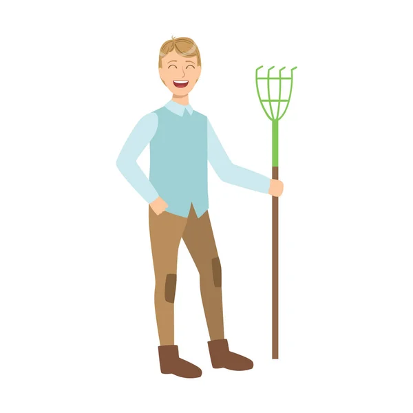 耙子，成人卡通清洁和整理的男人 — 图库矢量图片