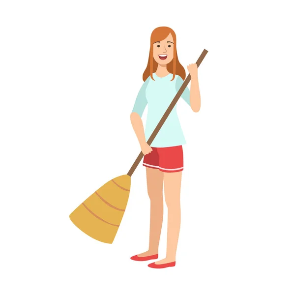 Wanita Menyapu Lantai Dengan Broom, Kartun Karakter Dewasa Membersihkan Dan Tiding Up - Stok Vektor