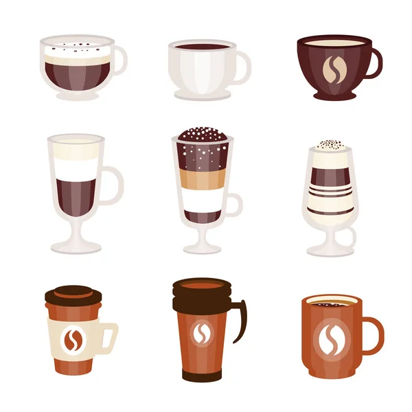 Kávé forró és hideg koktélt menü választék Coffee Shop kávé, elszigetelt ikonok beállítása — Stock Vector