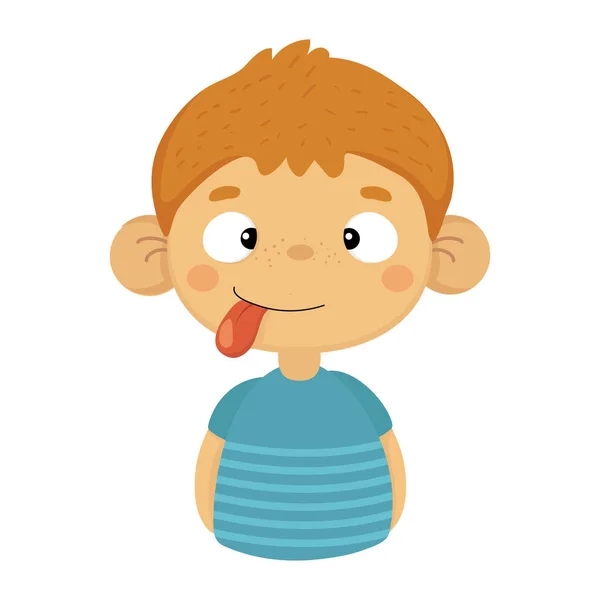 Buta aranyos kisfiú, nagy fülek és a nyelv, ki a kék pólót, egy férfi gyermek érzelmi arckifejezés Emoji portréja — Stock Vector
