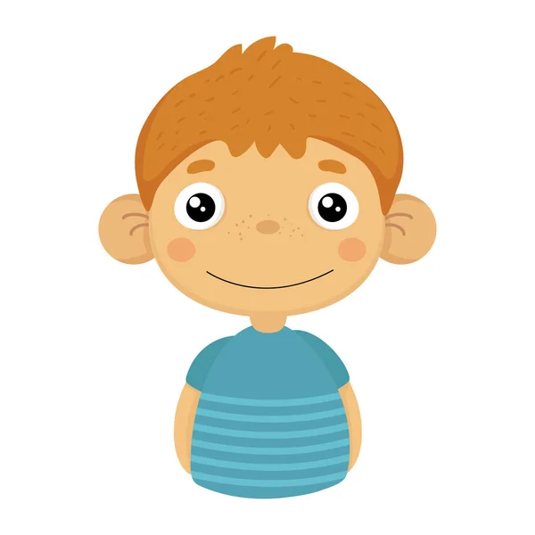 Uśmiechający się zawartości ładny mały chłopiec z wielkimi uszami w niebieską koszulkę, Emoji portret dziecko płci męskiej z emocjonalny wyraz twarzy — Wektor stockowy