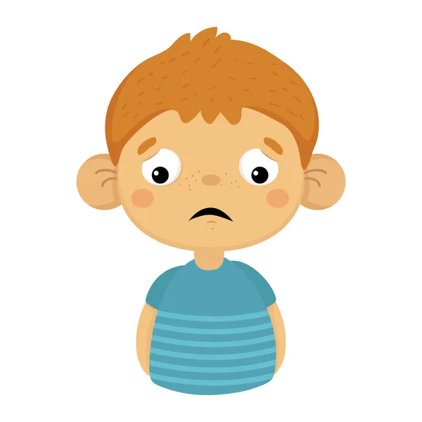 Szomorú és csalódott aranyos kisfiú, nagy fülek a kék pólót, egy férfi gyermek érzelmi arckifejezés Emoji portréja — Stock Vector