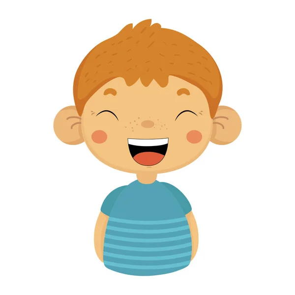 Rire à haute voix mignon petit garçon avec de grandes oreilles en T-shirt bleu, portrait émoji d'un enfant mâle avec expression émotionnelle du visage — Image vectorielle