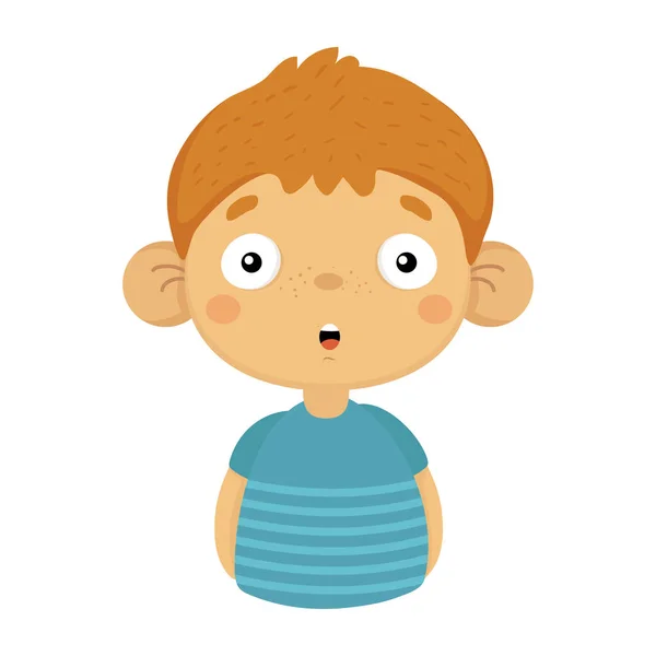 Zaskoczony i pod wrażeniem ładny mały chłopiec z wielkimi uszami w niebieską koszulkę, Emoji portret dziecko płci męskiej z emocjonalny wyraz twarzy — Wektor stockowy