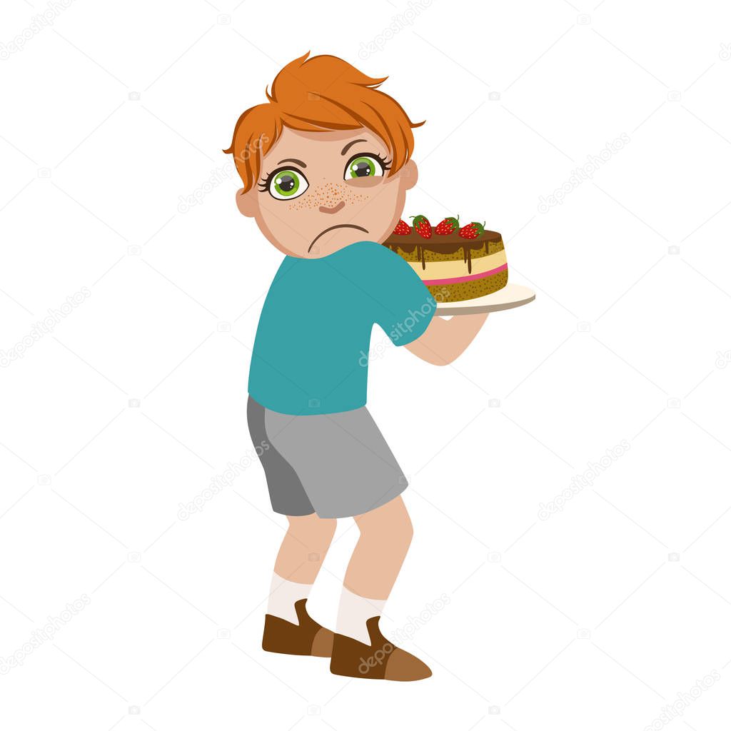 Greedy Boy Not Sharing Cake, Part Of Bad Kids Behavior And Bullies Series Of Vector Illustrations With Characters Being Rude And Offensive