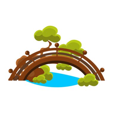 Köprü üzerinde mavi akım Bonsai minyatür geleneksel Japon bahçe peyzaj öğe vektör çizim