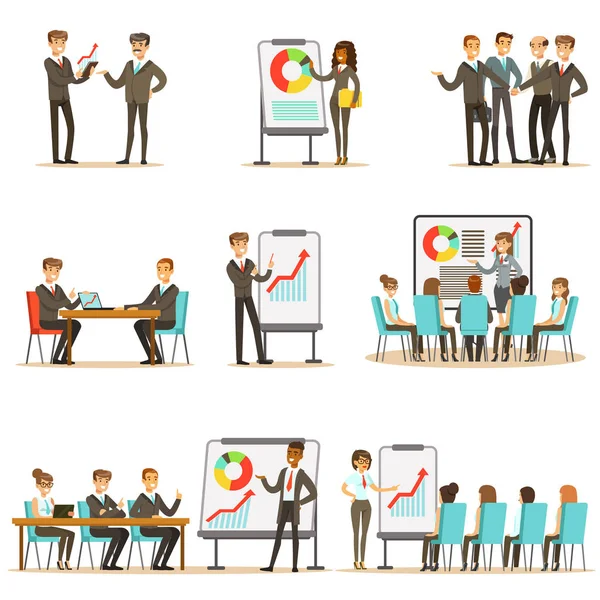 Managers And Office Workers On Business Training Class, Developing Marketing And Business Management Skills And Knowledge Set — Stock Vector