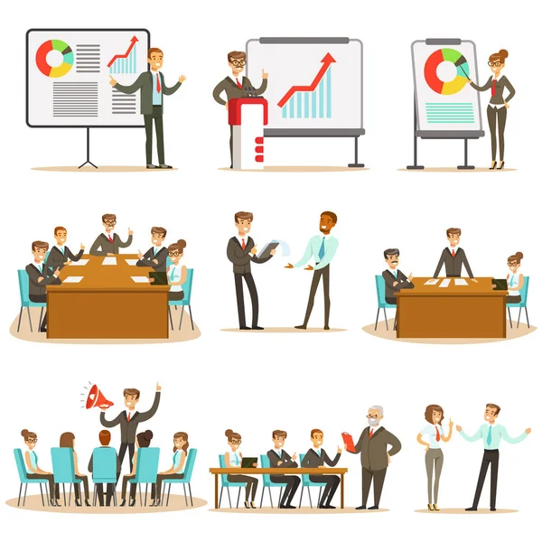 Managers And Office Workers On Business Training Class, Developing Marketing And Business Management Skills And Knowledge Collection — Stock Vector