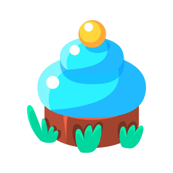 Chocolade Cupcake met blauw ijsvorming, sprookje Candy Land eerlijke Landscaping Element In geïsoleerde kinderachtig kleurrijke Design-Object — Stockvector