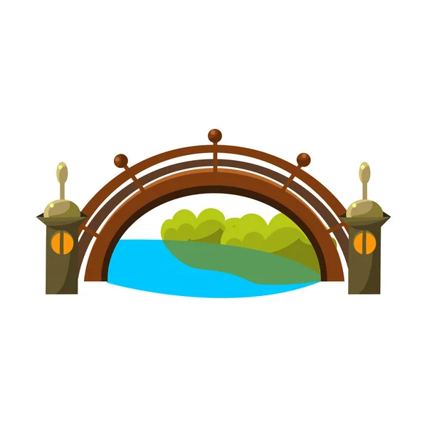 Pont En Bois Sur La Rivière, Bonsaï Miniature Traditionnel Japonais Jardin Paysage Élément Illustration vectorielle — Image vectorielle