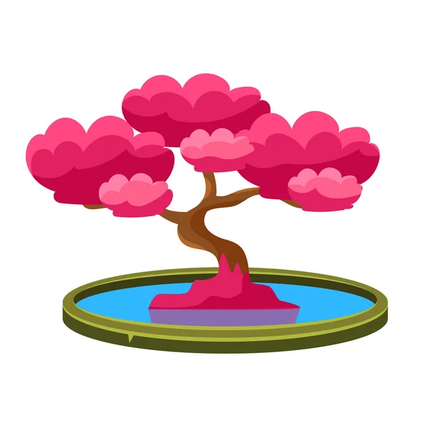 粉红色的树生长在池塘盆景微型传统日本园林景观元素矢量图 — 图库矢量图片