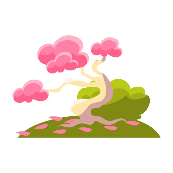 Pink Tree, Bush And Fallen Leaves, Bonsai Miniature Traditional Japanese Garden Landscape Element Vector Illustration — стоковый вектор