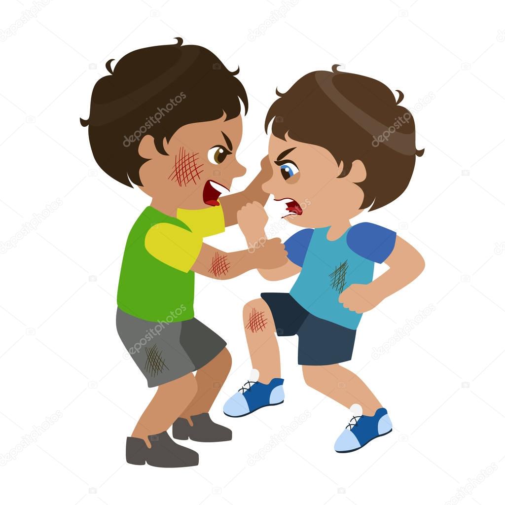 Two Boys Fighting And Scratching, Part Of Bad Kids Behavior And Bullies Series Of Vector Illustrations With Characters Being Rude And Offensive