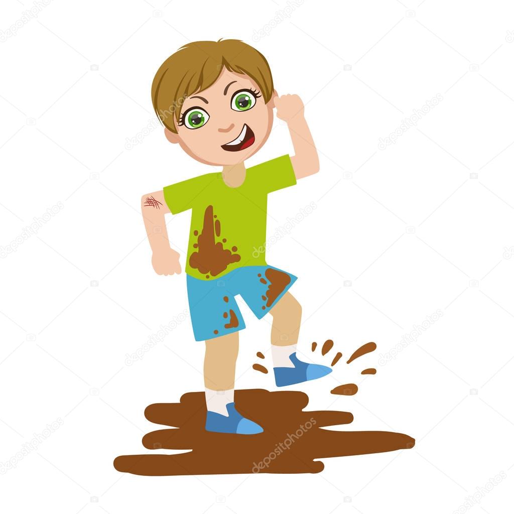 Boy Jumping In Dirt, Part Of Bad Kids Behavior And Bullies Series Of Vector Illustrations With Characters Being Rude And Offensive