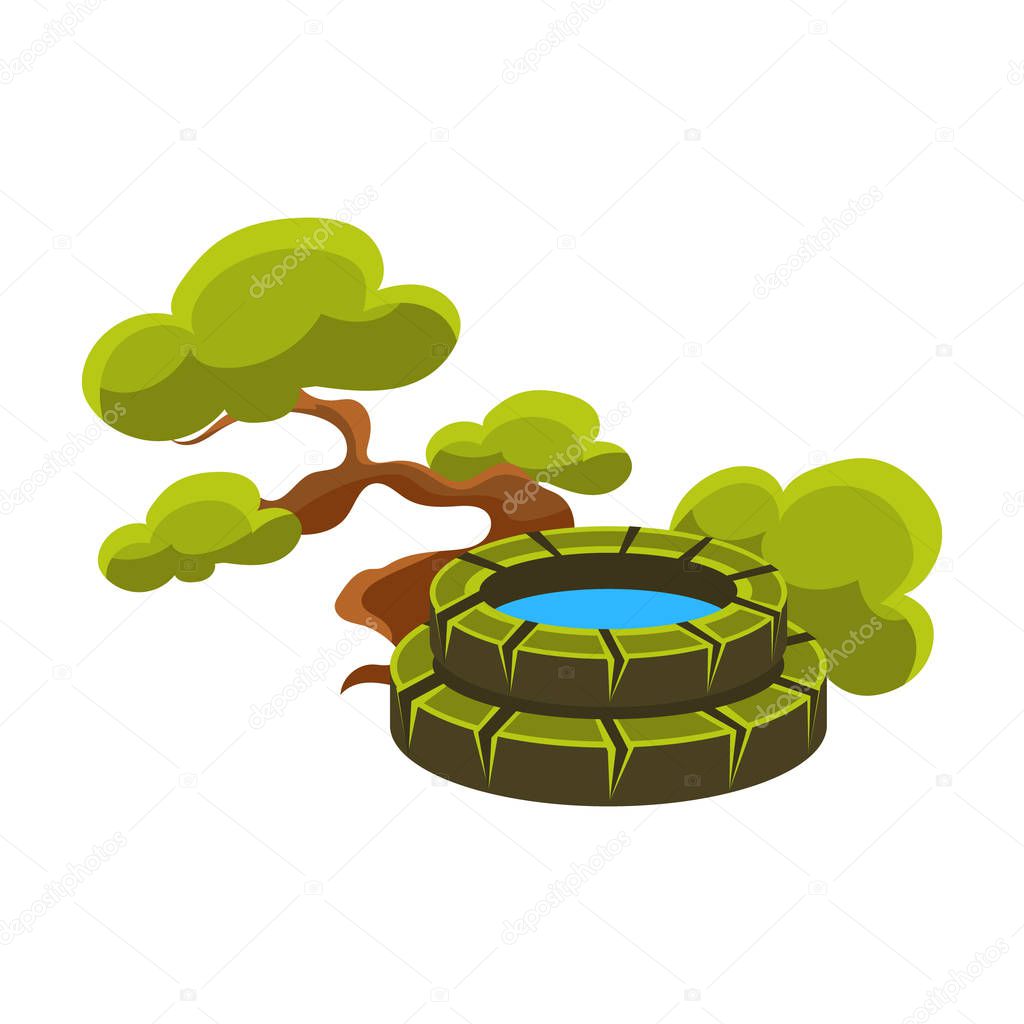 Green Tree And Well Bonsai Miniature Traditional Japanese Garden Landscape Element Vector Illustration Japan Culture Mini Plant Growing Art Isolated Landscaping Item Premium Vector In Adobe Illustrator Ai Ai