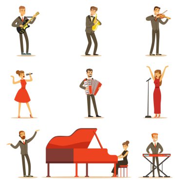 Yetişkin müzisyenler ve şarkıcılar karikatür karakter kümesi müzikhol sahnede müzikal bir numara gerçekleştirme