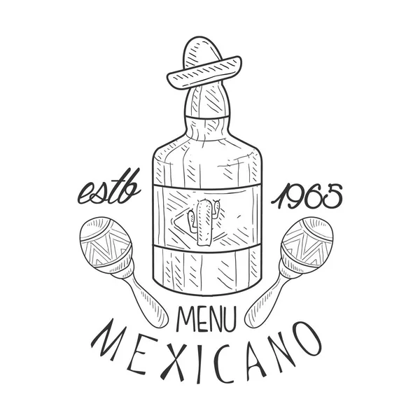 Restaurant Mexican Food Menu Promo Sign In Sketch Style With Tequila Bottle And Maracas, Design Label Black And White Template — Stock Vector