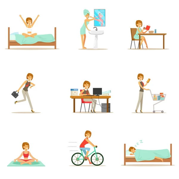 Modern Woman Daily Routine from Morning to Evening Series of Cartoon Illustrations with Happy character — стоковый вектор