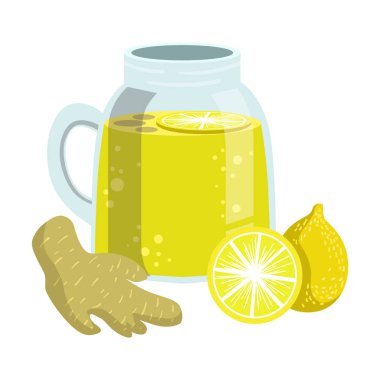 Limon ve zencefil güler yüzlü, bir cam ve bunun için malzemeler taze kokteyl alkolsüz vektör çizim