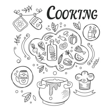 Malzemeler ve araçlar kümesi gıda hazırlama el çekilmiş siyah beyaz illüstrasyon için yemek yemek