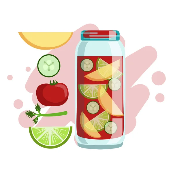 Jablko, okurka, rajče a vápno Smoothie, nealko čerstvý koktejl ve sklenici a ingredience pro to vektorové ilustrace — Stockový vektor