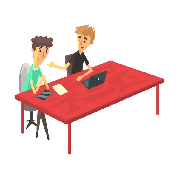 Dois caras atrás da mesa com dispositivos conversando, jovens cooperando em atmosfera informal Compartilhando ideias e experiências — Vetor de Stock