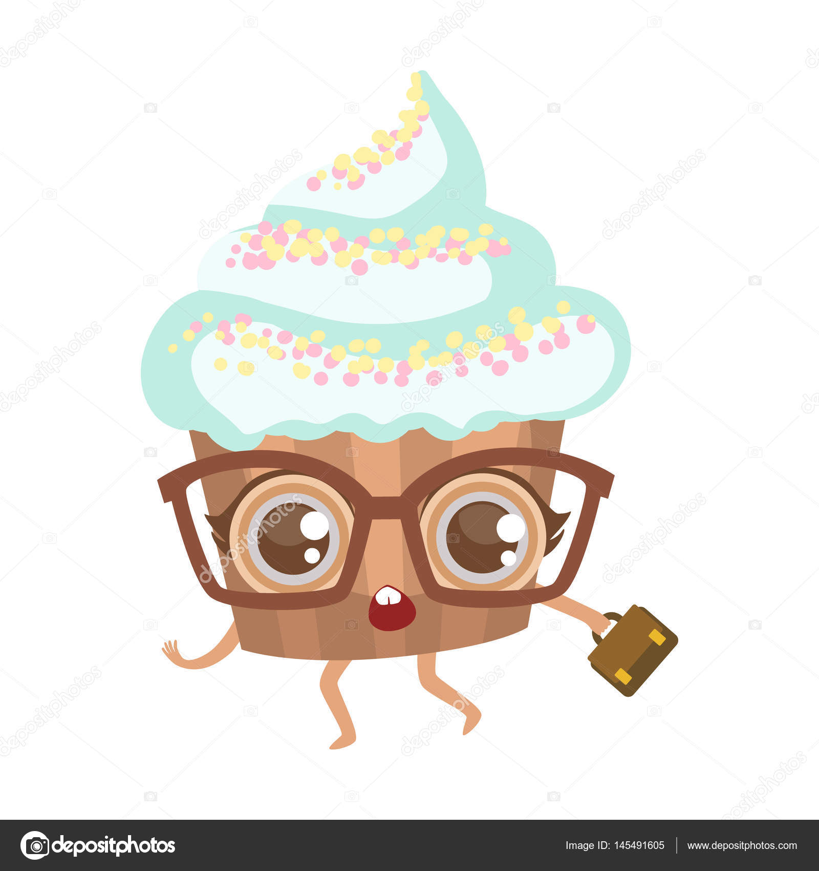 スーツケースかわいいキャラクター グラスでカップケーキ ヒト漫画食べ物