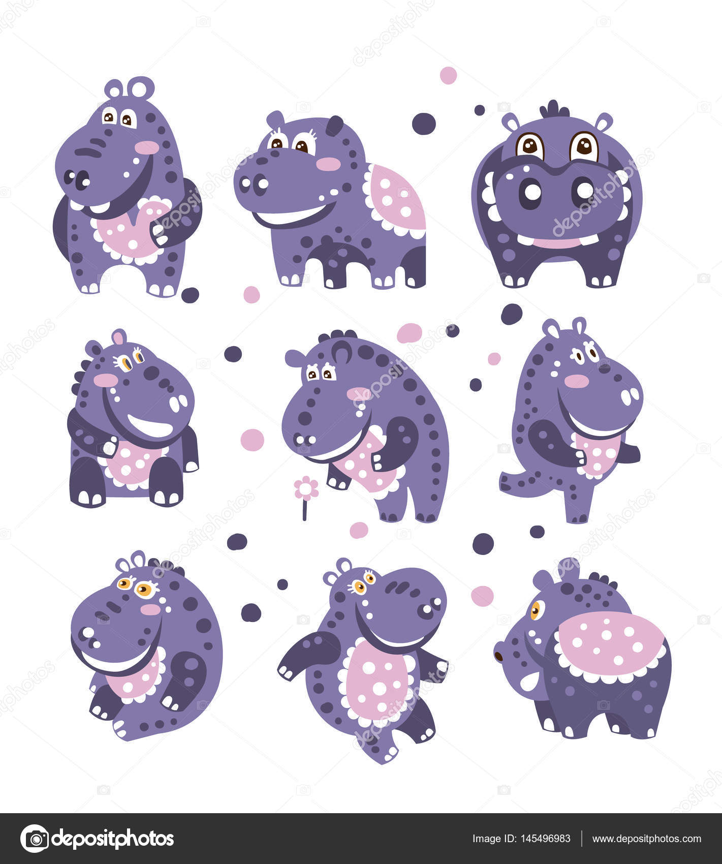 Ippopotamo stilizzato con Pattern pois Set Childish Stickers o stampe di amichevole giocattolo animale In colore violetto e blu