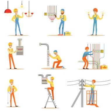 Electrician In Uniform And Hard Hat Working With Electric Cables And Wires, Fixing Electricity Problems Indoors And Outdoors Collection Of Illustrations