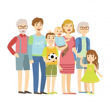 Anne, büyükanne ve büyükbaba ve iki çocuk, illüstrasyon mutlu sevgi dolu aileler serisi ile tam aile